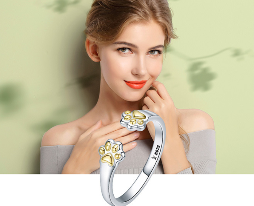 925 Silber Offener Ring mit Pfotenabdruck