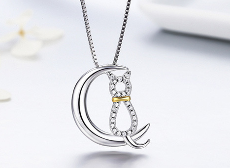 S925 Silber Katzenring und Halbmondkatze Halskette