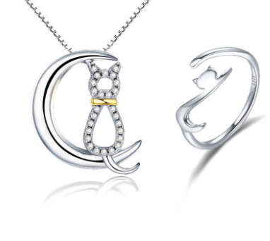 S925 Silber Katzenring und Halbmondkatze Halskette