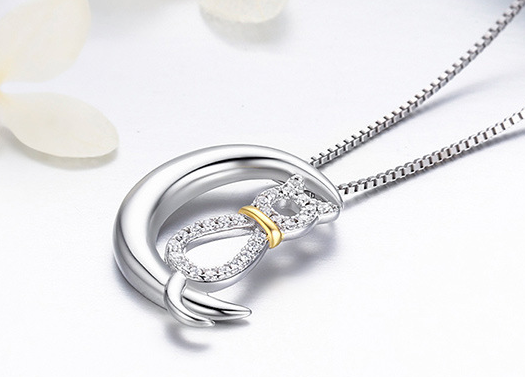S925 Silber Katzenring und Halbmondkatze Halskette