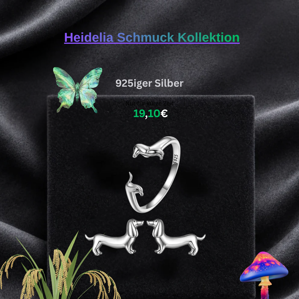 S925 Silber Dackel Ohrringe und Ring