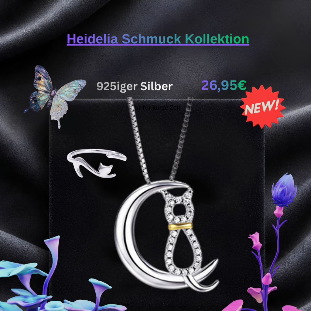 S925 Silber Katzenring und Halbmondkatze Halskette
