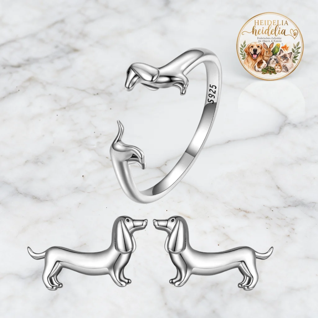 S925 Silber Dackel Ohrringe und Ring